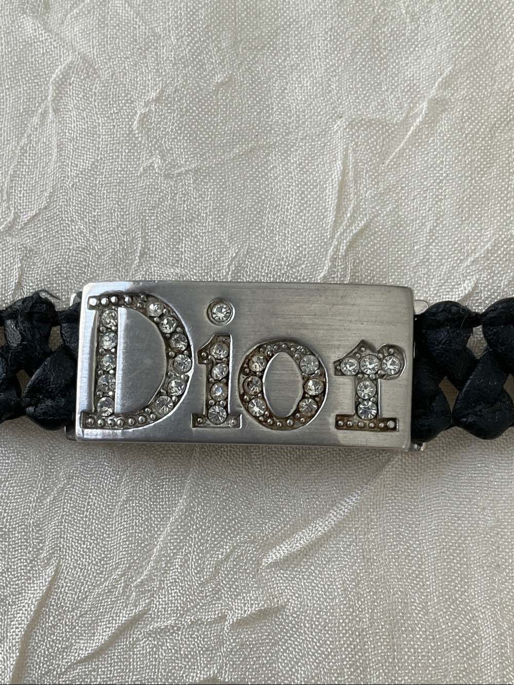 Dior Black Braided Leather Bracelet with Silver Logo Plate - Picture 4 of 7